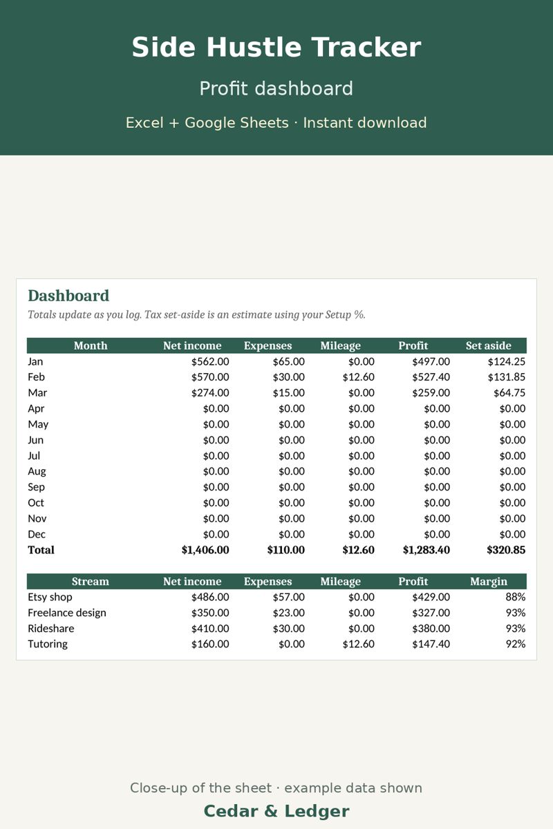 Side Hustle Income & Expense Tracker preview (example data)