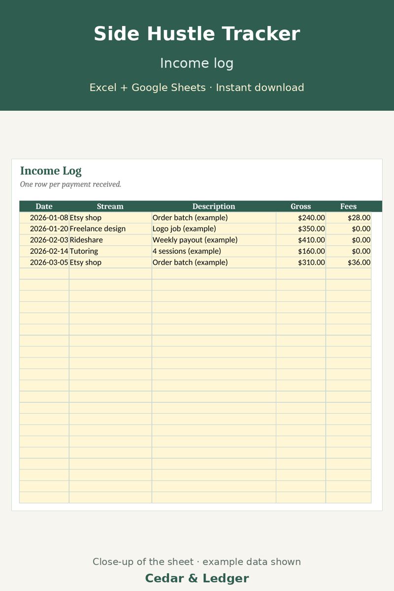 Side Hustle Income and Expense Tracker (Profit, Mileage, Tax Set-Aside): income preview