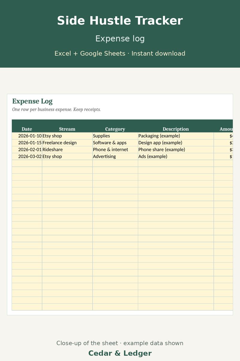 Side Hustle Income and Expense Tracker (Profit, Mileage, Tax Set-Aside): expense preview