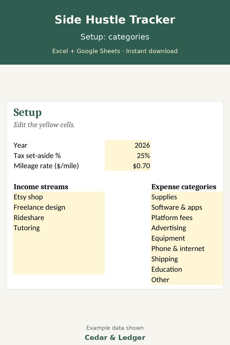 Side Hustle Income and Expense Tracker (Profit, Mileage, Tax Set-Aside): setup preview