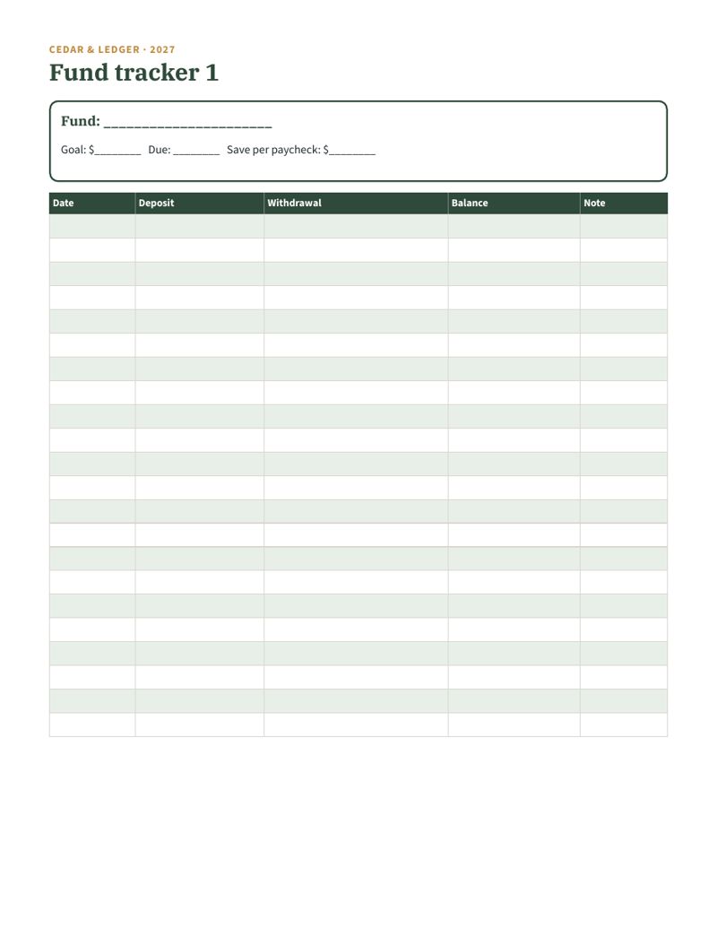 Sinking Funds Printable 2027 (Save per Paycheck): Fund tracker page preview