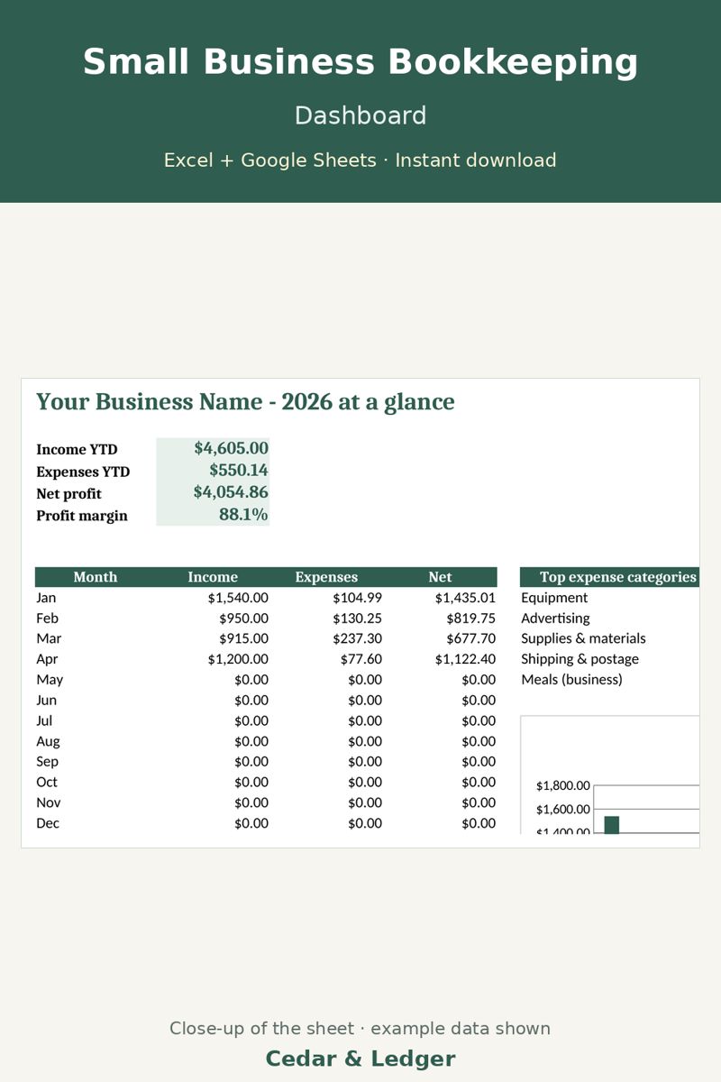 Small Business Bookkeeping Spreadsheet preview (example data)