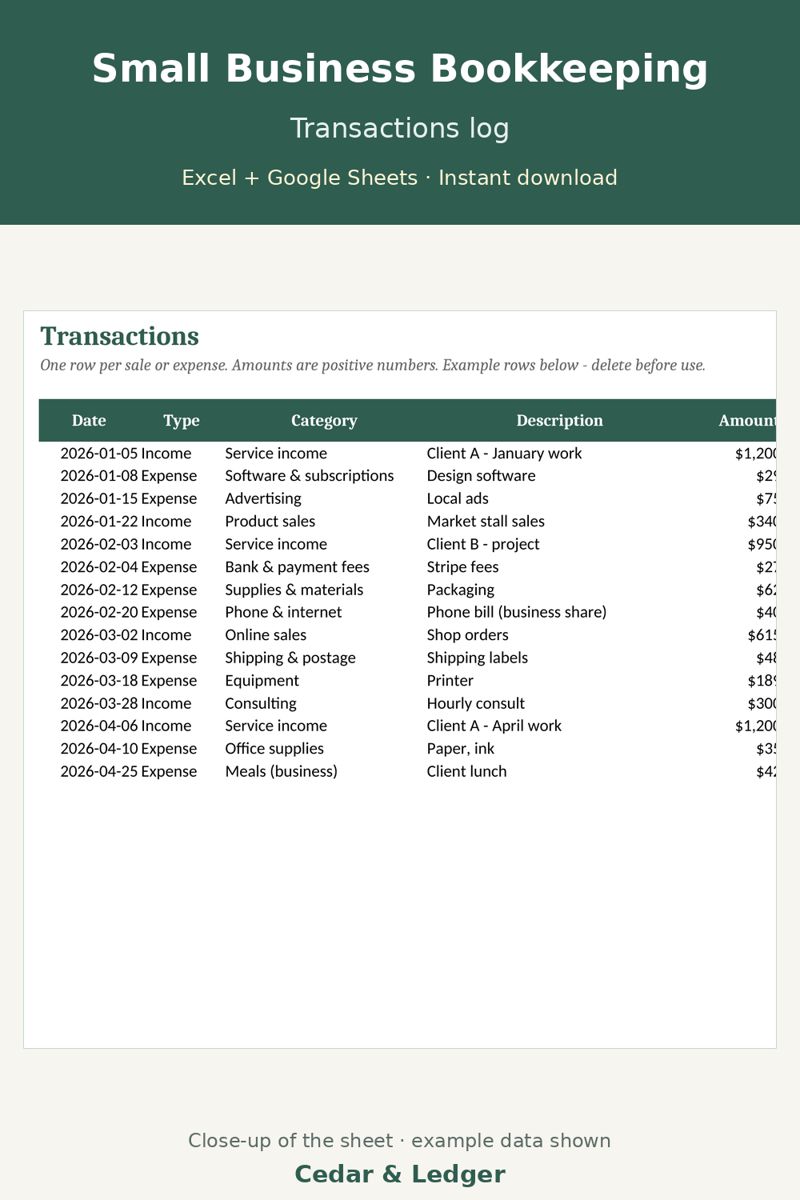 Small Business Bookkeeping Spreadsheet (Income, Expenses and P&L): transactions preview