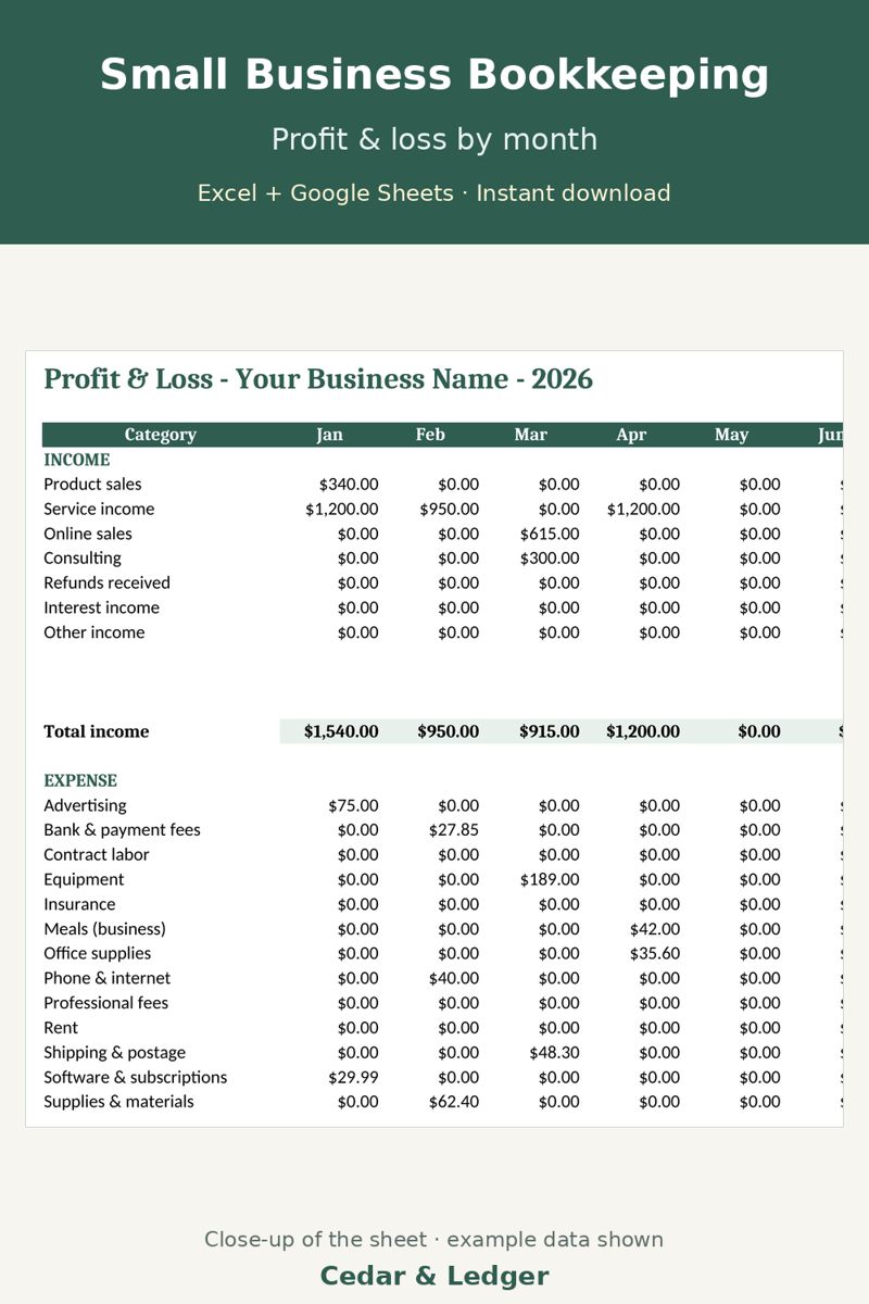 Small Business Bookkeeping Spreadsheet (Income, Expenses and P&L): profit loss preview