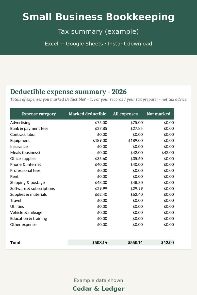 Small Business Bookkeeping Spreadsheet (Income, Expenses and P&L): tax summary preview