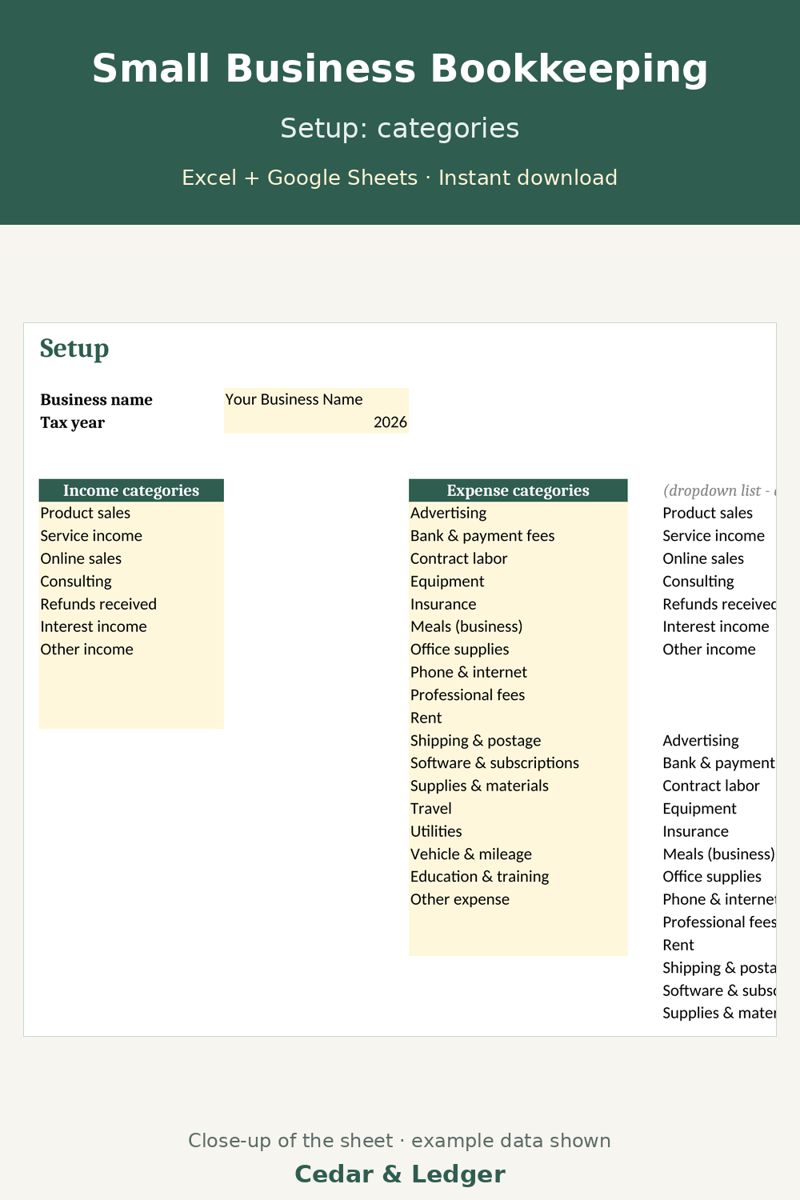 Small Business Bookkeeping Spreadsheet (Income, Expenses and P&L): setup preview