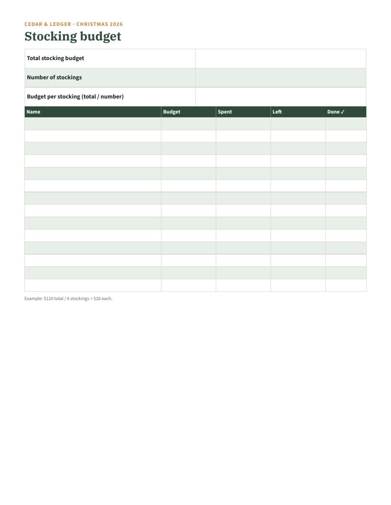 Stocking Stuffer Planner & Budget: budget preview