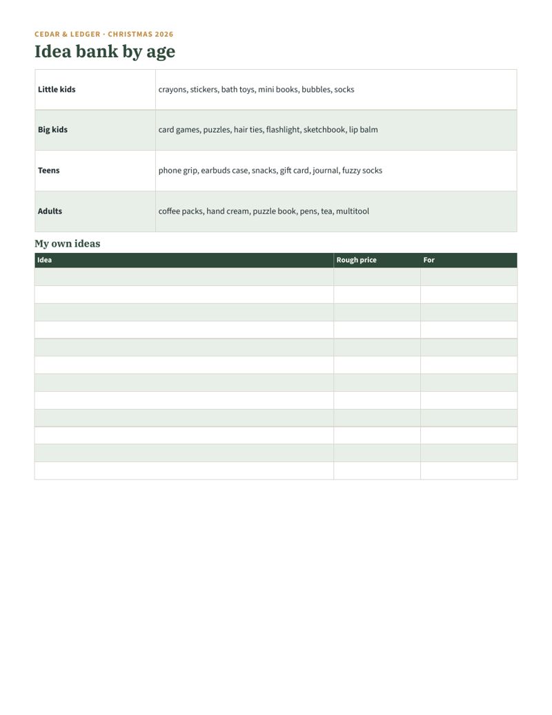 Stocking Stuffer Planner & Budget: idea bank preview