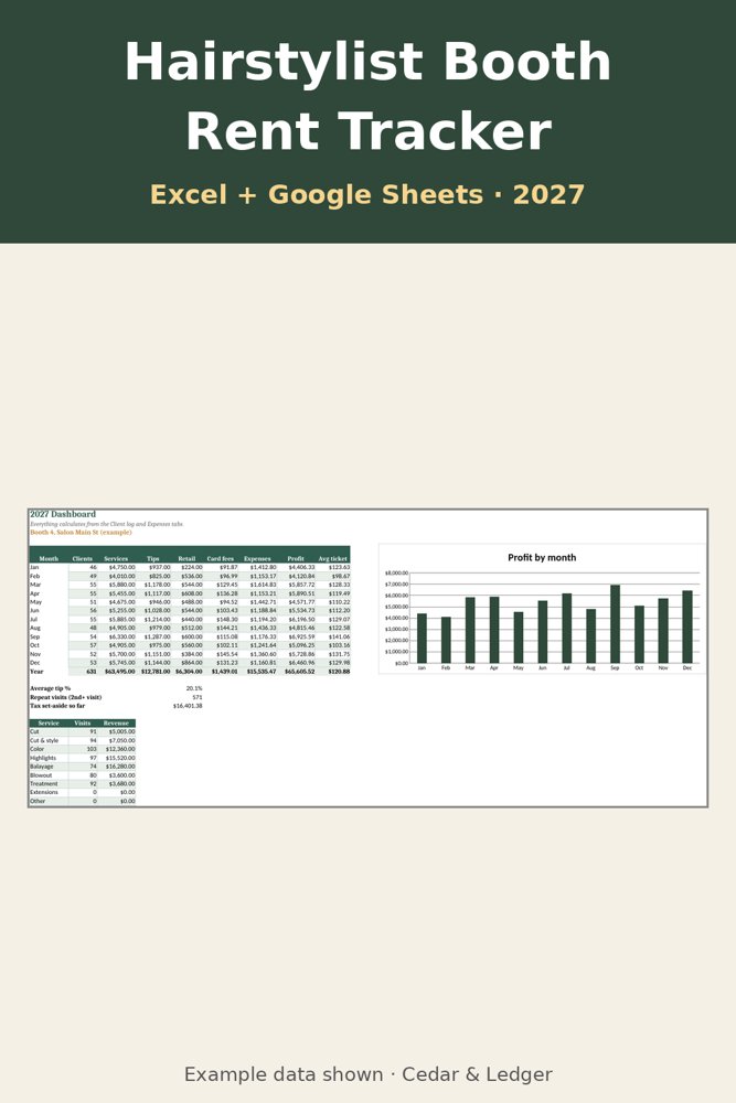 2027 Hairstylist Booth Rent & Income Tracker: dashboard preview