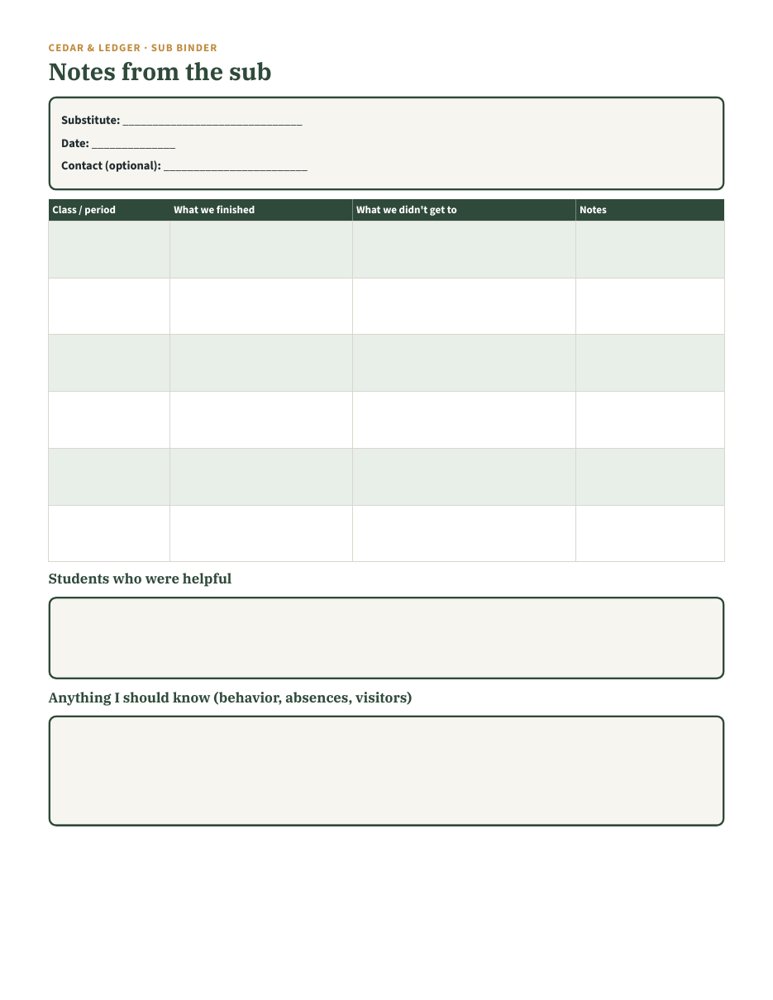 Substitute Teacher Binder: daily sub plan preview