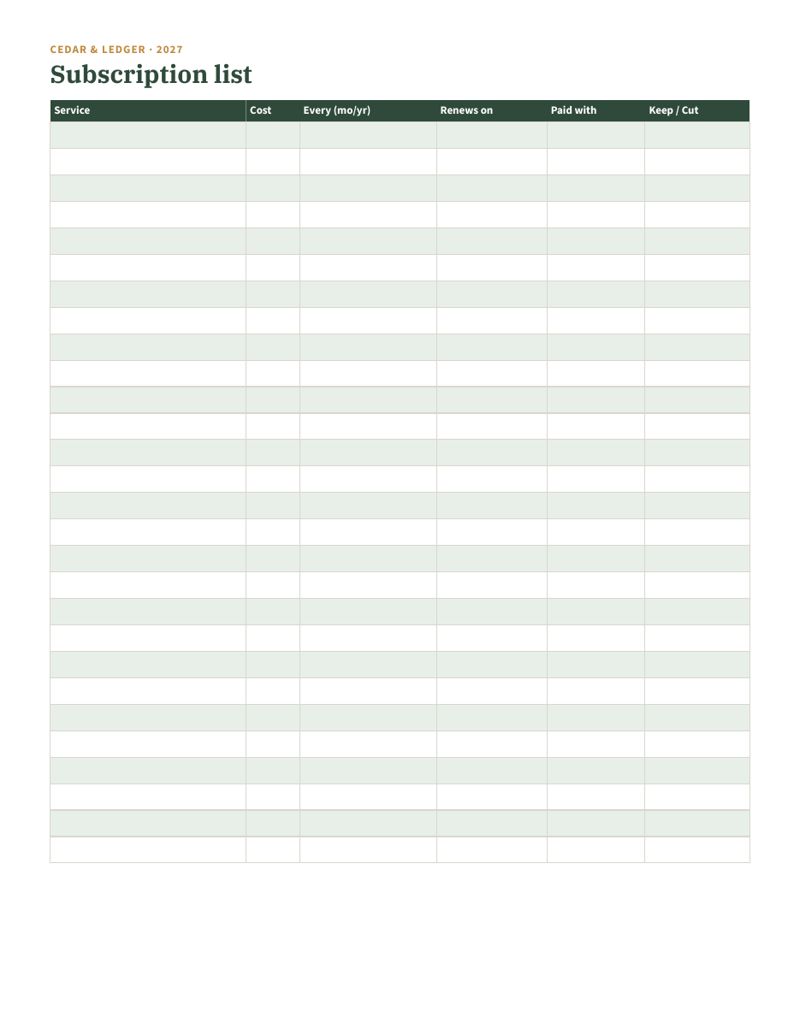 2027 Subscription & Renewal Tracker Printable: list 02 preview