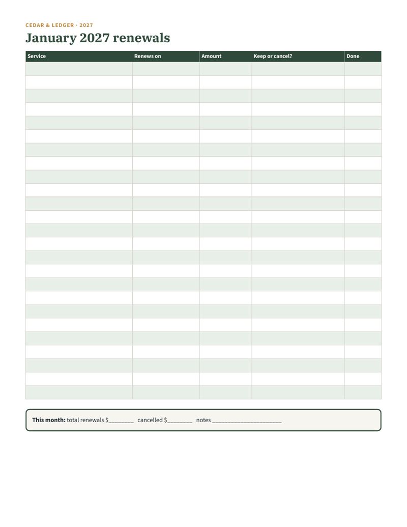 2027 Subscription & Renewal Tracker Printable: month 04 preview