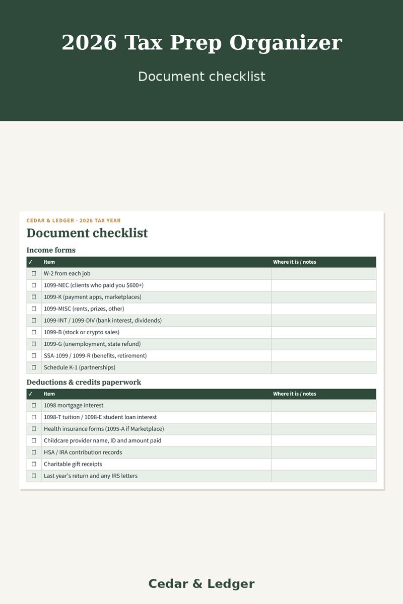 2026 Tax Prep Organizer Printable preview (example data)