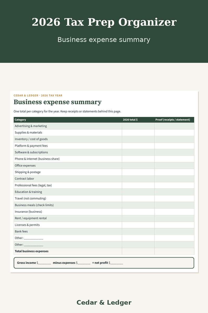 2026 Tax Prep Organizer Printable: Business expense summary preview