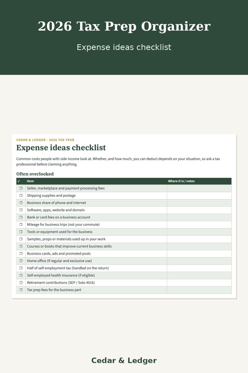 2026 Tax Prep Organizer Printable: Expense ideas checklist preview