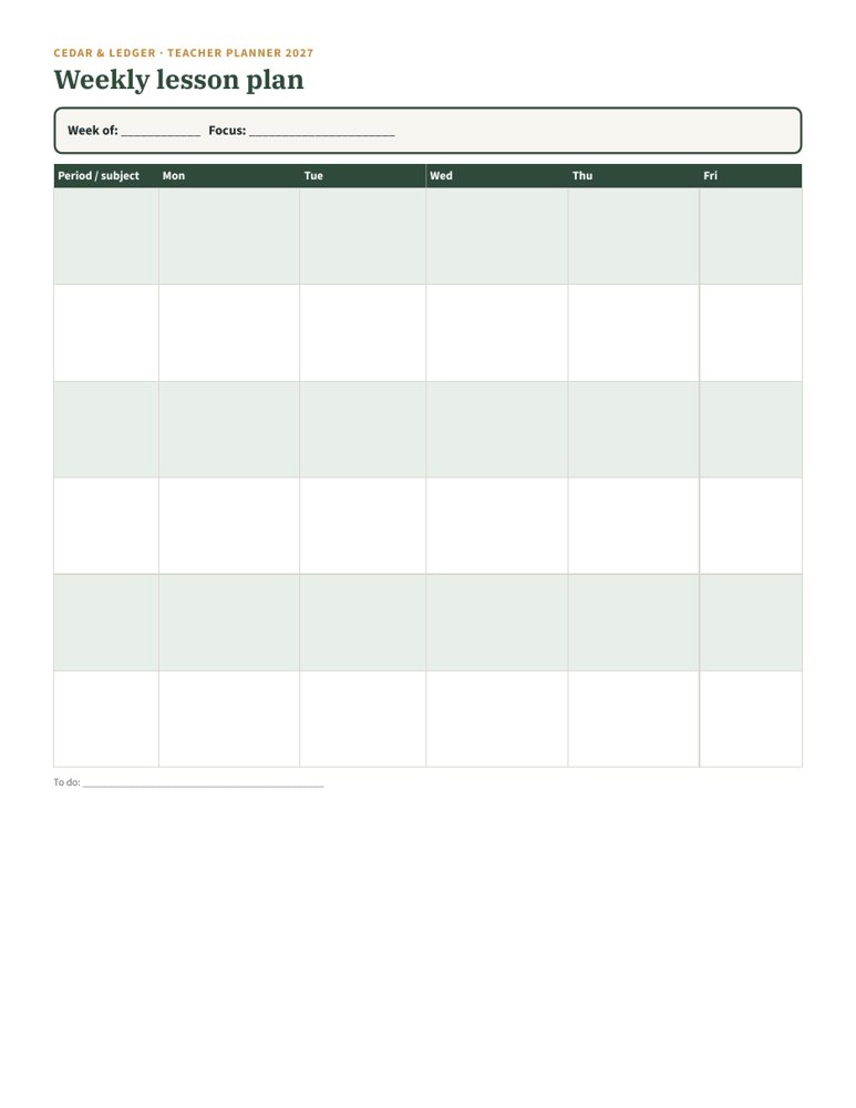 Teacher Planner 2027: weekly lesson plan preview