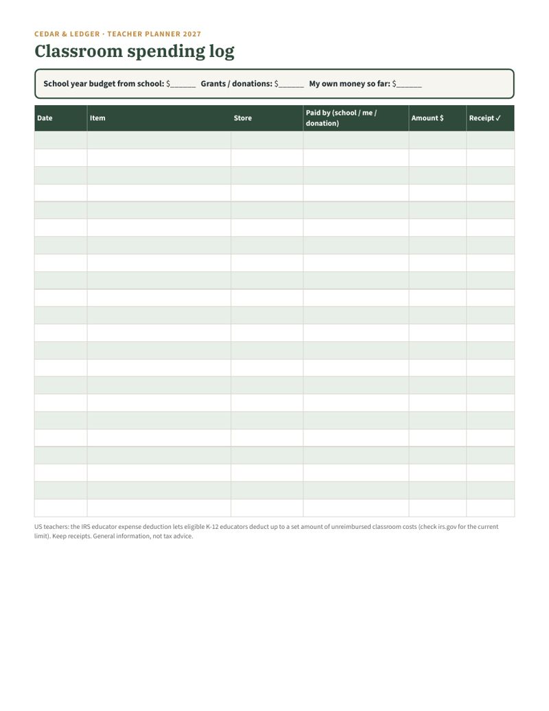 Teacher Planner 2027: spending log preview