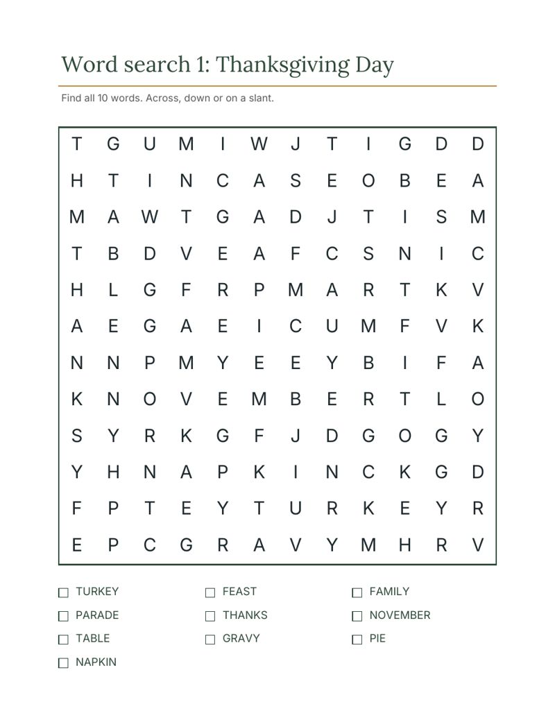 Thanksgiving Activity Pages for Kids: wordsearch preview