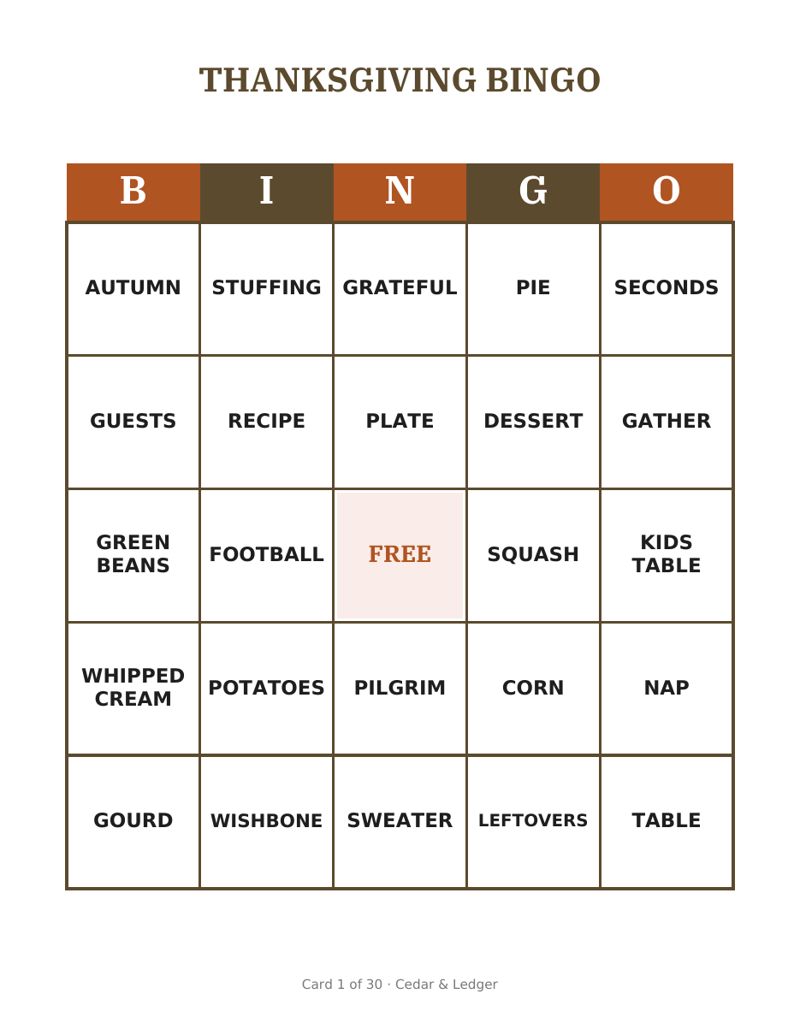 Thanksgiving Word Bingo Printable preview (example data)