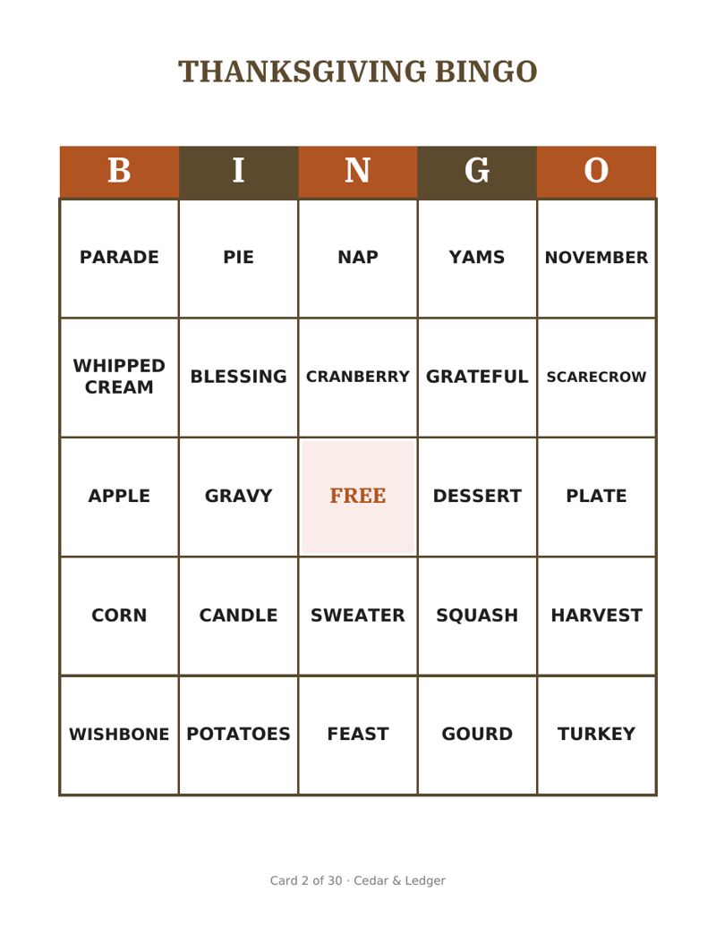 Thanksgiving Word Bingo Printable: card preview