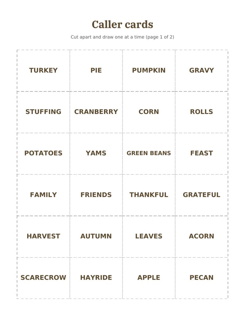 Thanksgiving Word Bingo Printable: caller preview