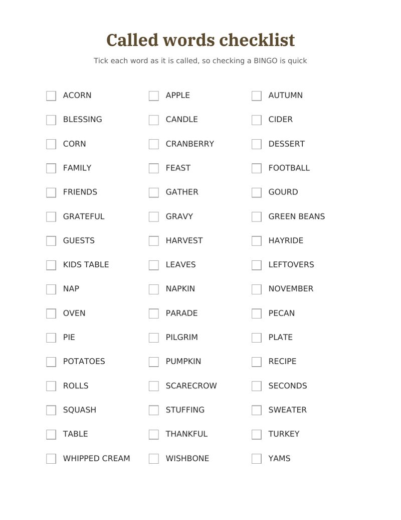 Thanksgiving Word Bingo Printable: checklist preview