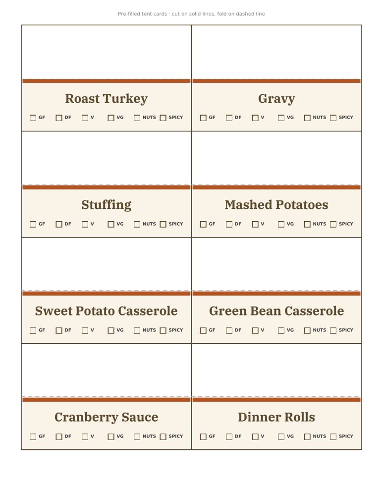 Pre-filled tent cards for classic dishes