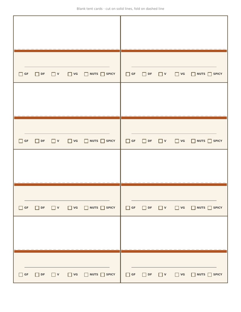 Blank tent cards to write any dish