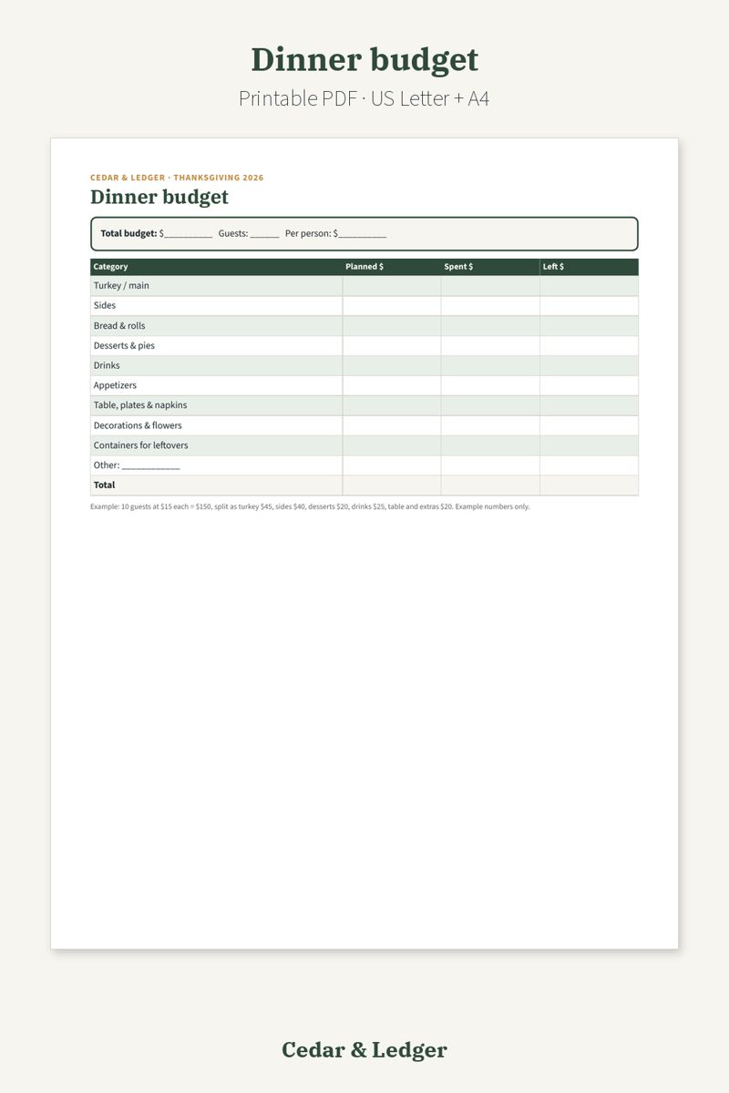 Thanksgiving Planner Printable 2026 (Friendsgiving Too): Dinner budget page preview