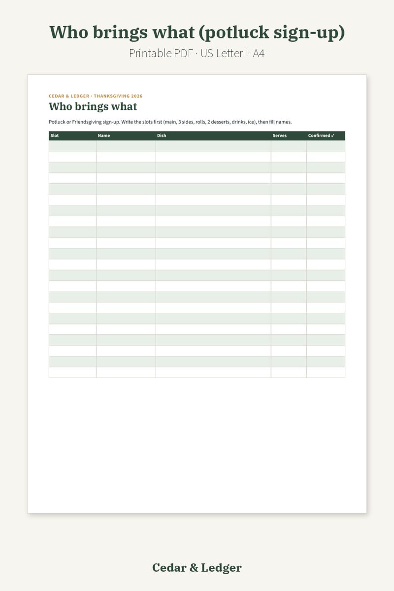 Thanksgiving Planner Printable 2026 (Friendsgiving Too): Who brings what: potluck sign-up preview