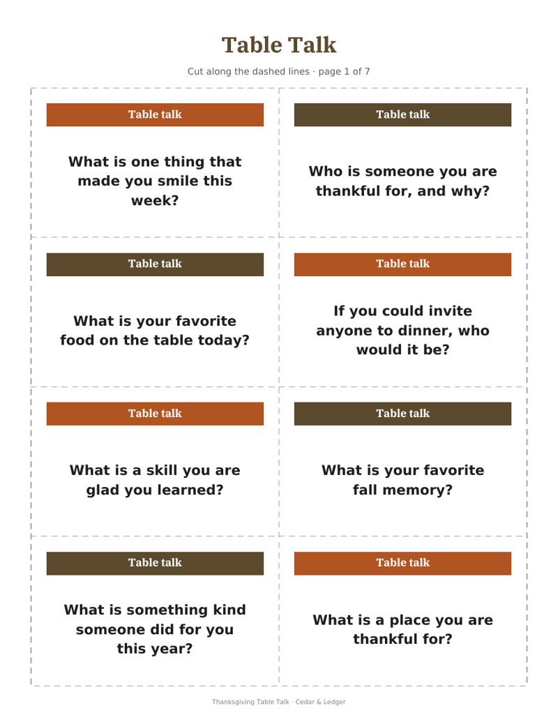 Thanksgiving Table Talk & Gratitude Game Printable preview (example data)
