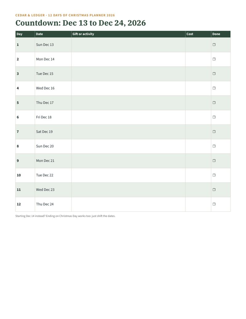 12 Days of Christmas Planner 2026: countdown preview