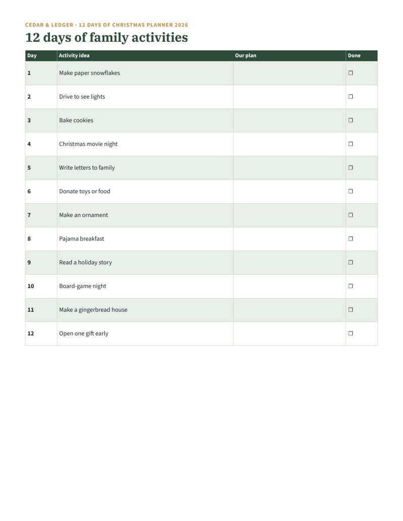 12 Days of Christmas Planner 2026: activities preview