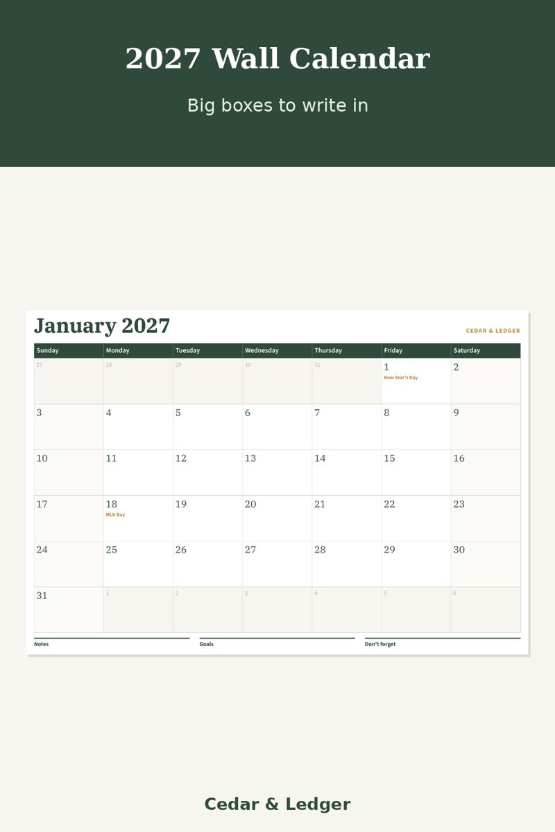 2027 Printable Wall Calendar: big preview