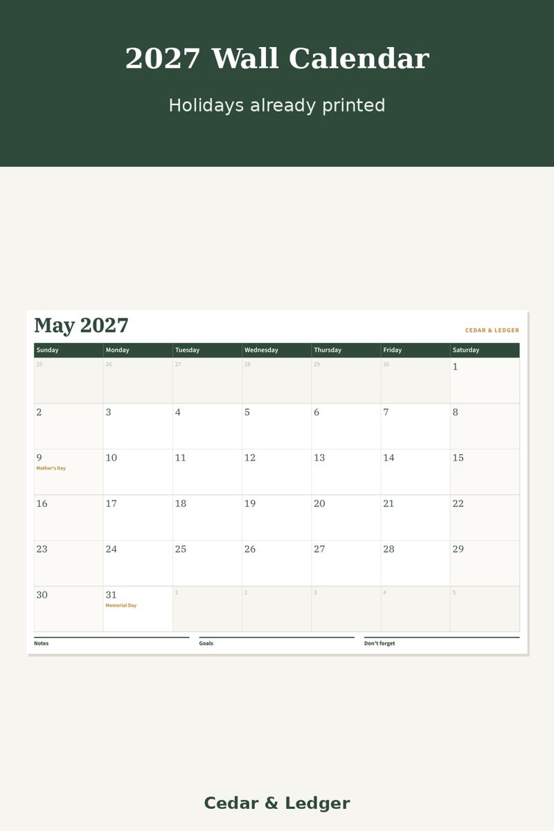 2027 Printable Wall Calendar: holidays preview