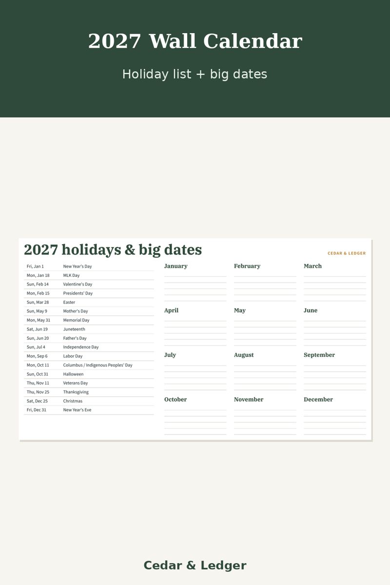 2027 Printable Wall Calendar: holiday preview