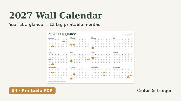 2027 Printable Wall Calendar: thumb 600 preview