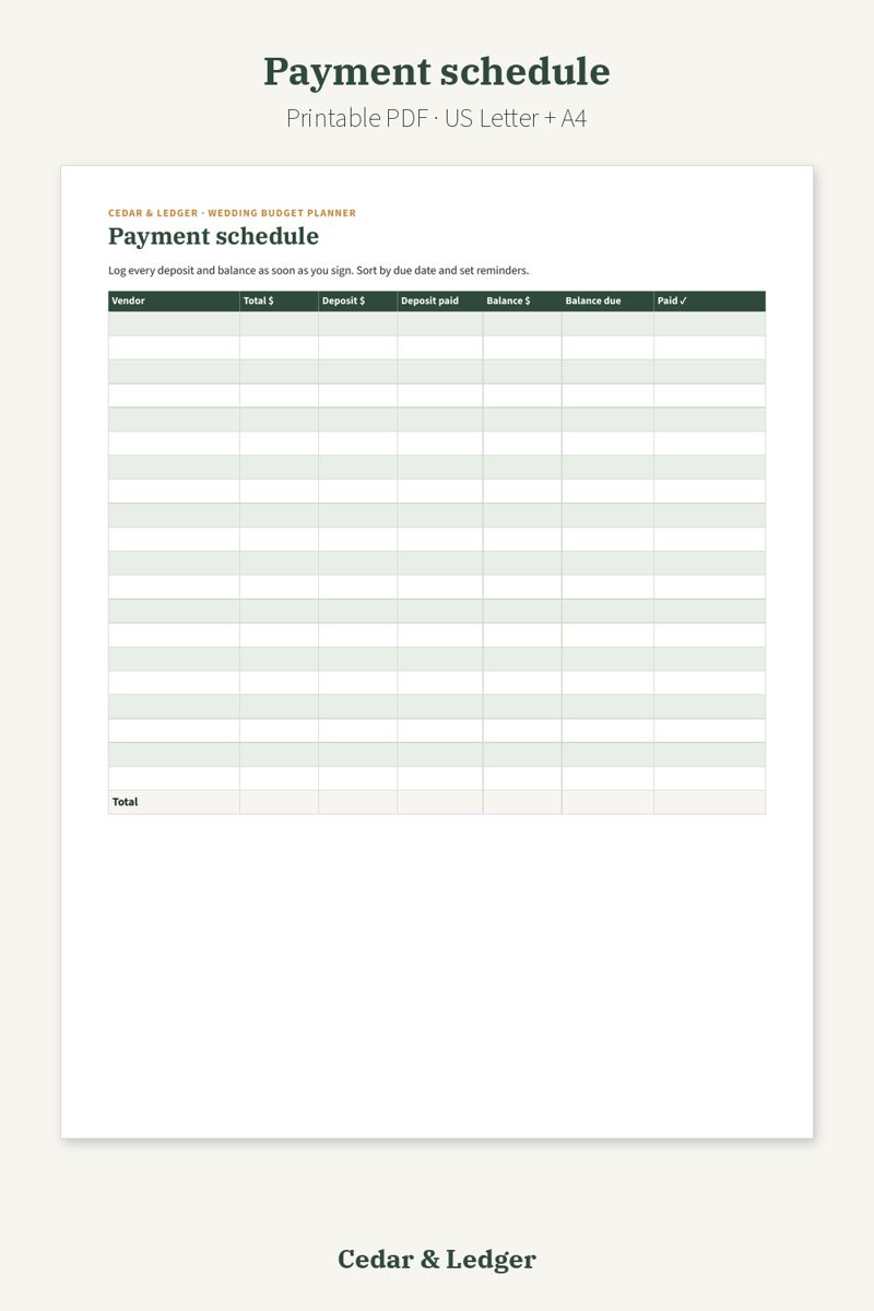 Wedding Budget Planner Printable (Costs, Guests and Vendors): Payment schedule preview