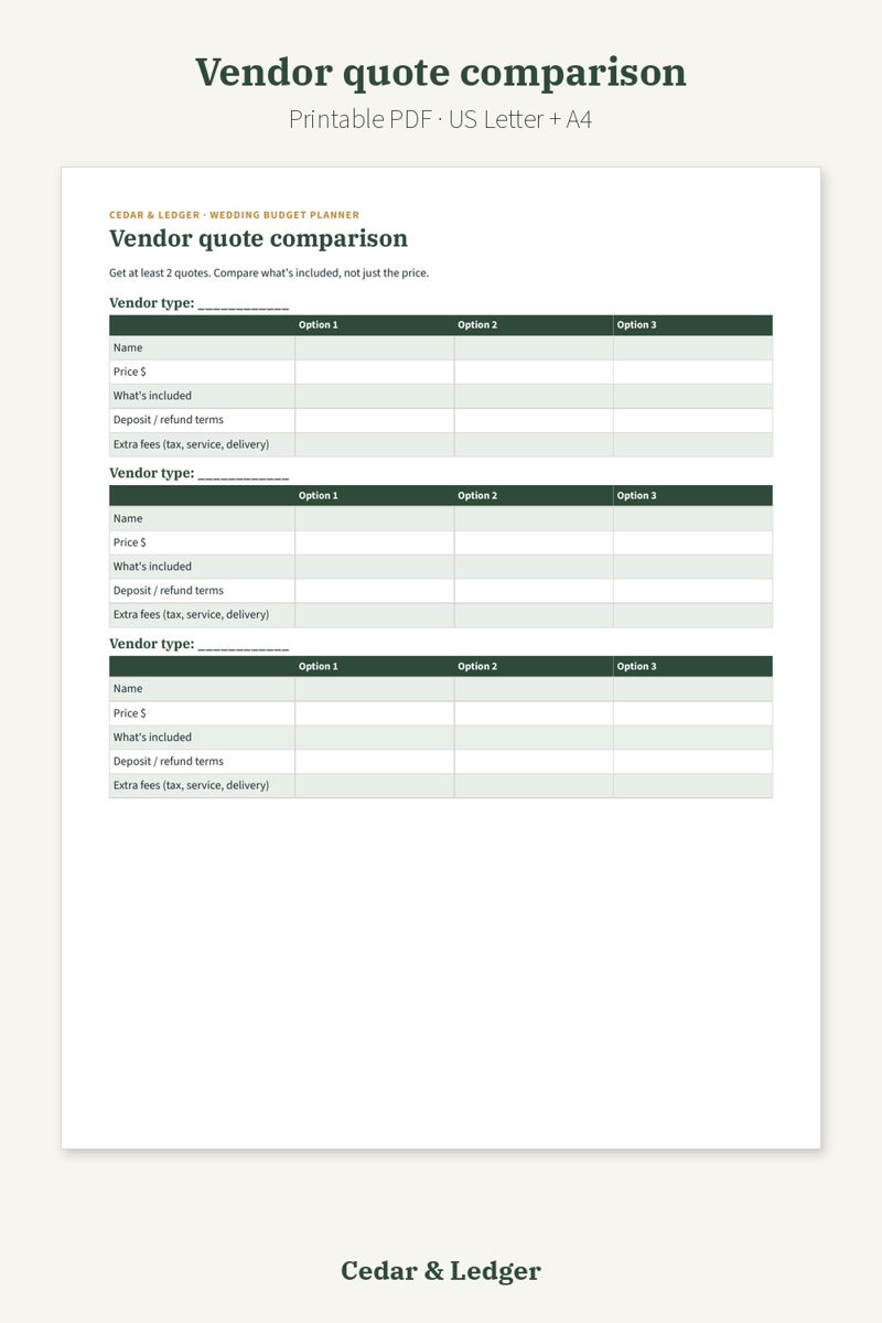 Wedding Budget Planner Printable (Costs, Guests and Vendors): Vendor quote comparison preview