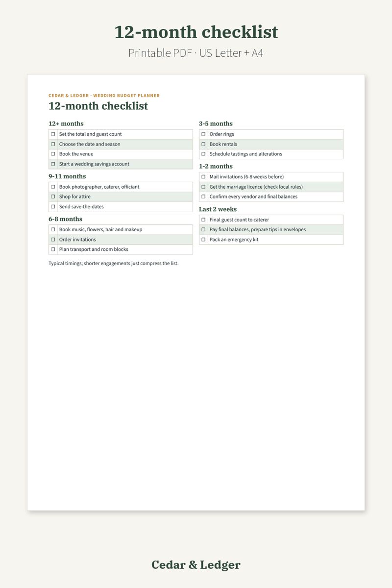 Wedding Budget Planner Printable (Costs, Guests and Vendors): 12-month checklist preview