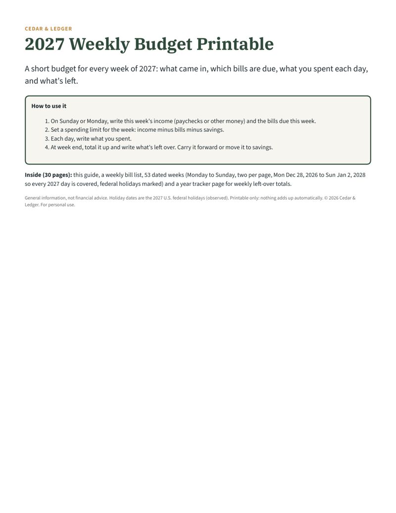 Weekly Budget Printable 2027 (53 Dated Weeks): guide preview