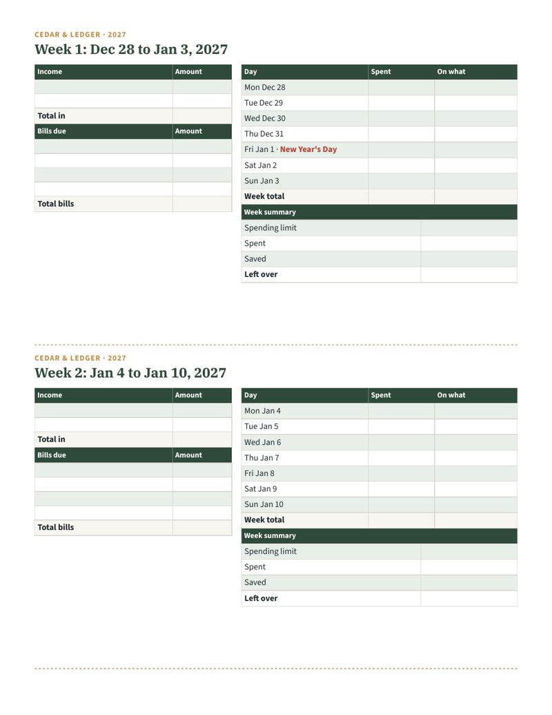 Weekly Budget Printable 2027 (53 Dated Weeks): week preview