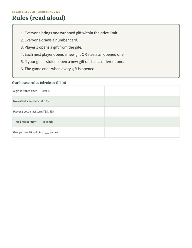 White Elephant Gift Exchange Kit: rules preview
