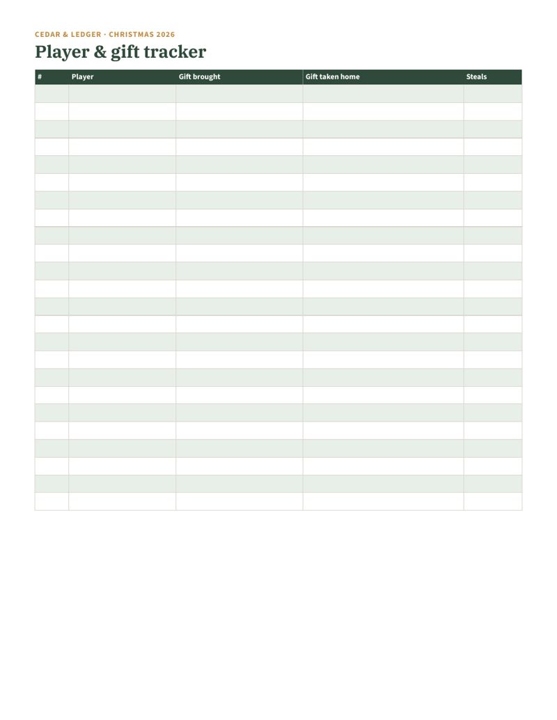 White Elephant Gift Exchange Kit: tracker preview