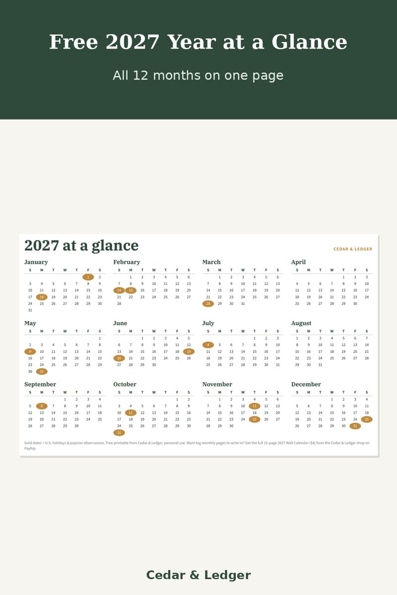Free 2027 Year at a Glance Printable: all preview