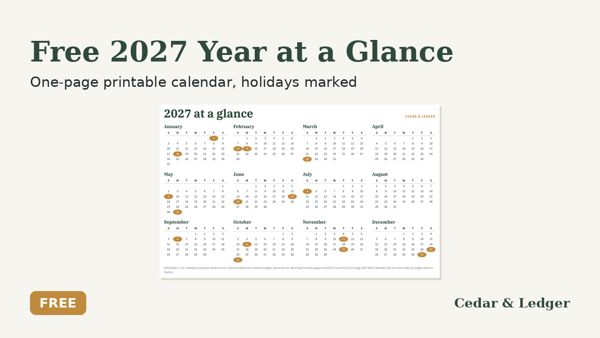 Free 2027 Year at a Glance Printable: thumb 600 preview