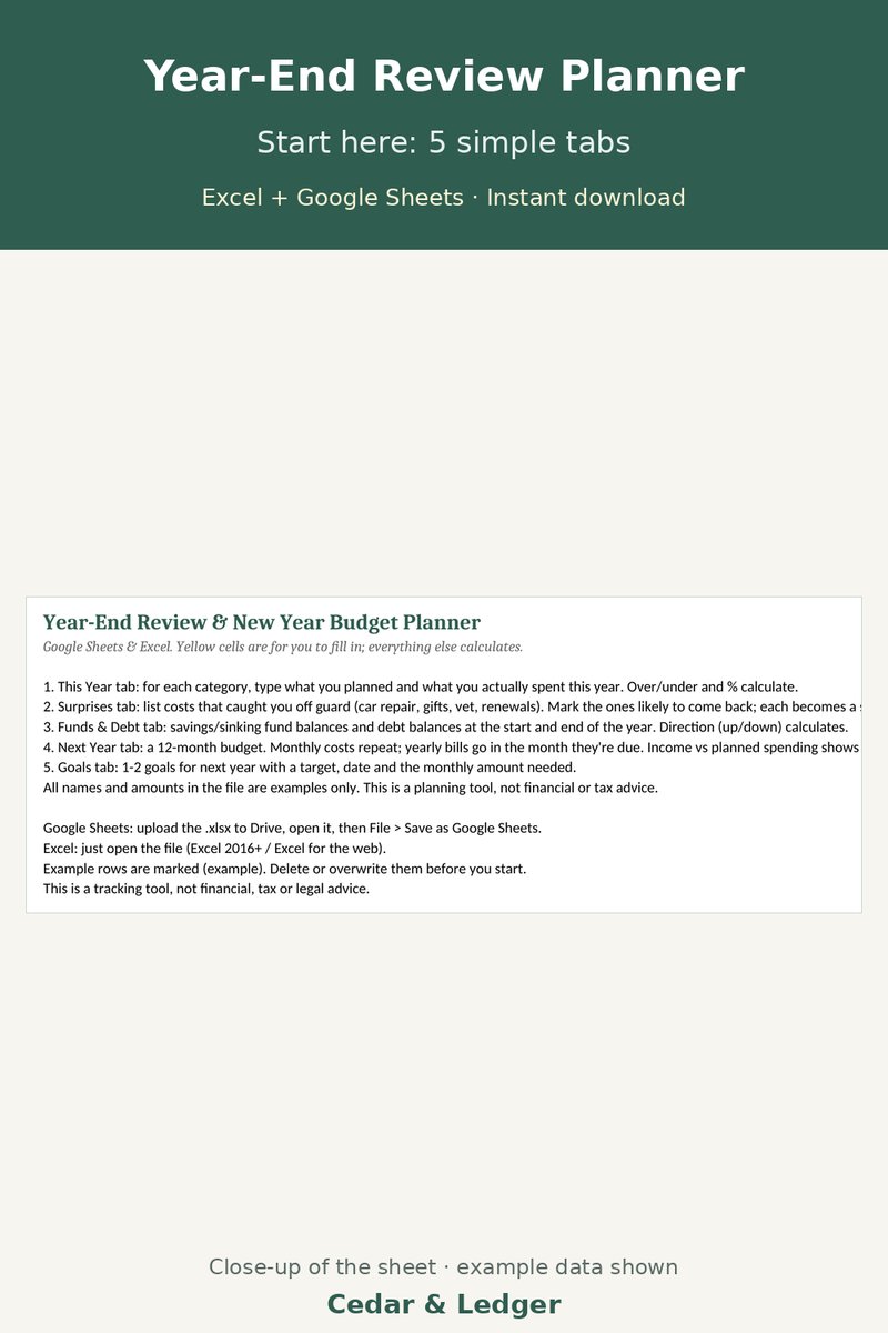 Year-End Review & New Year Budget Planner preview (example data)