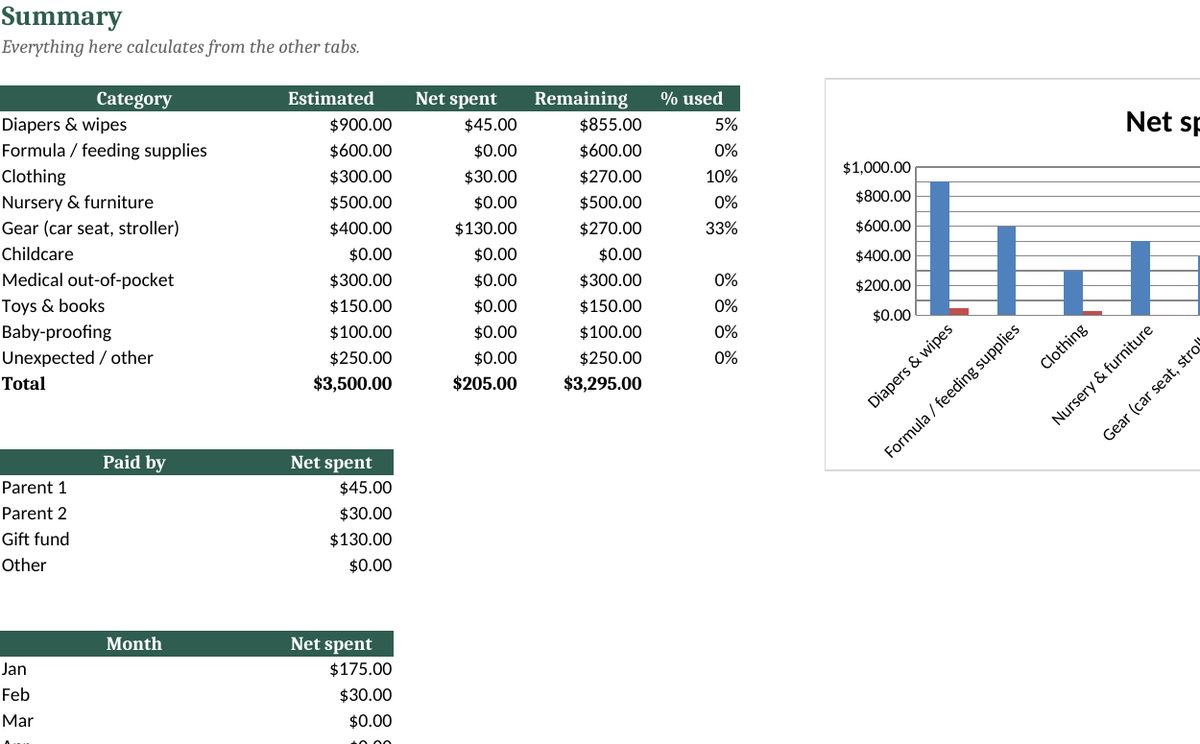 Baby First-Year Budget & Expense Tracker: real screenshot of the Summary tab (example data)