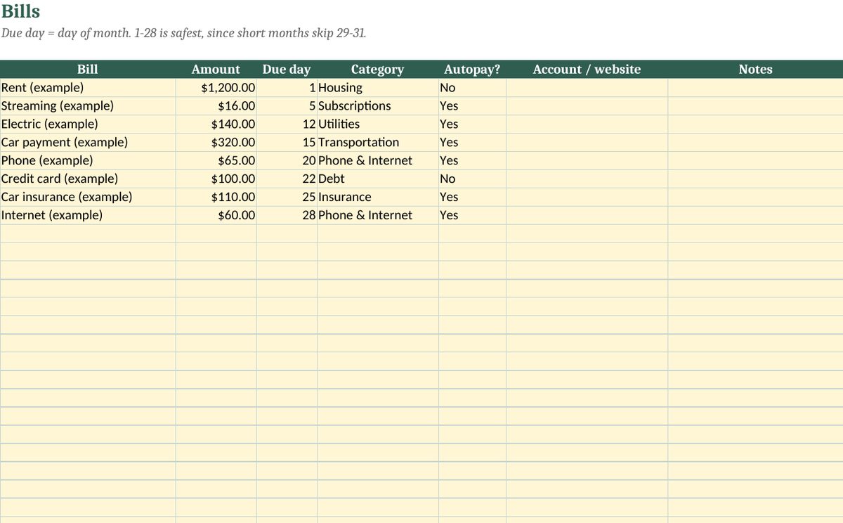 Monthly Bill Tracker Spreadsheet with Due Date Calendar: real screenshot of the Bills tab (example data)