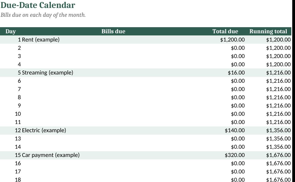 Monthly Bill Tracker Spreadsheet with Due Date Calendar: real screenshot of the Calendar tab (example data)